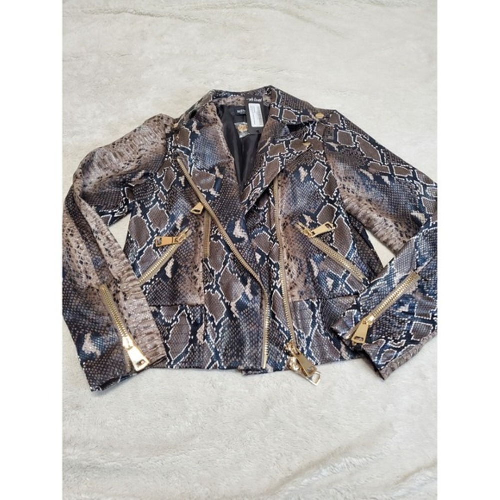 NWT Nasty Gal Faux Snake Animal Leather Print Gold Zip Biker Jacket 2 Streetwear